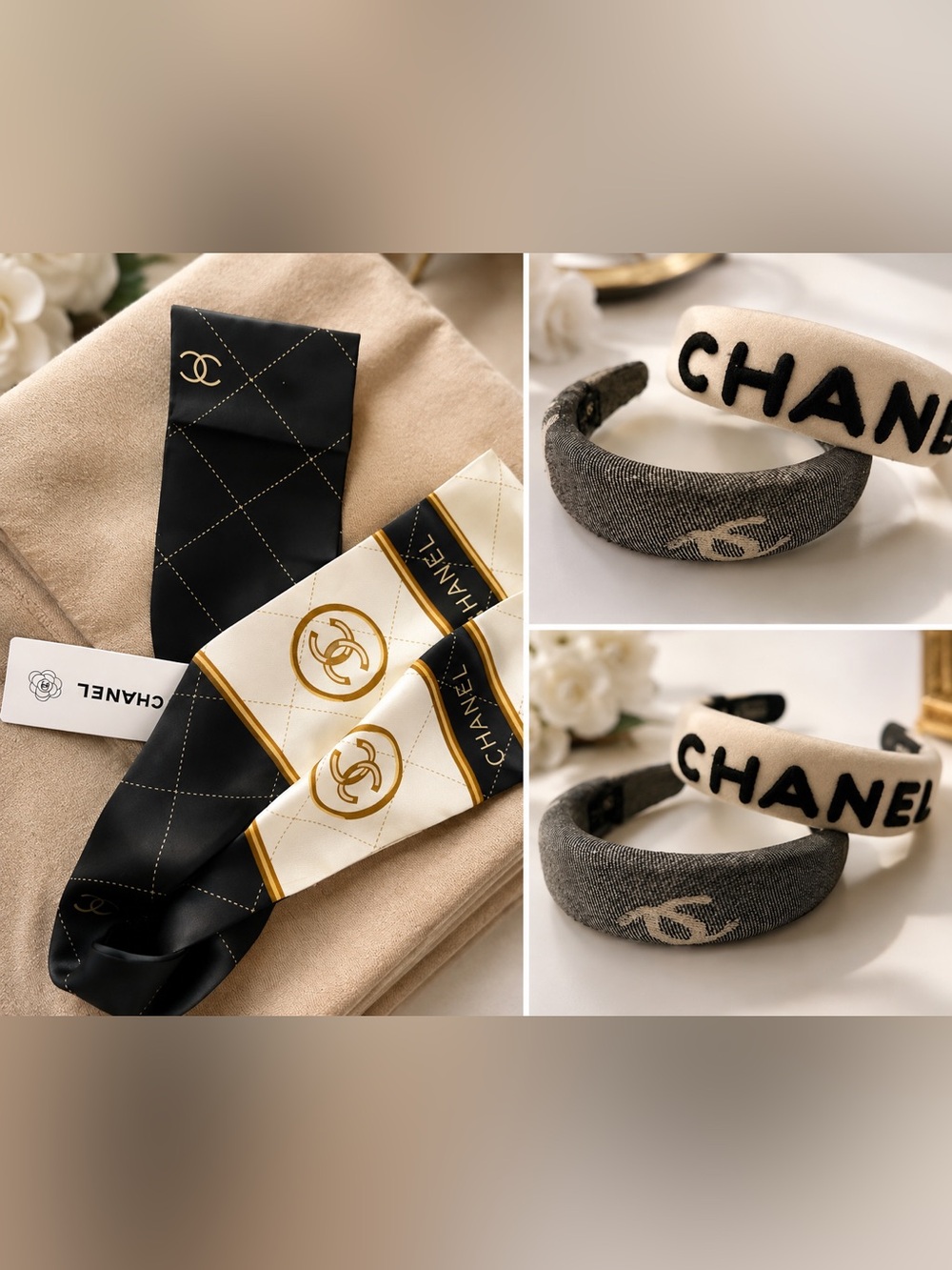 Fashion Jewelry Black, Cream & Gold Logo Scarf with Denim Headband Set